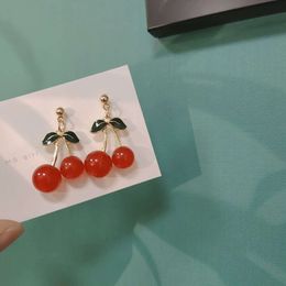 S Sier Needle Korean Edition Cherry Fruit Double Leaf Red Temperament Simple and Cute Girl Earrings