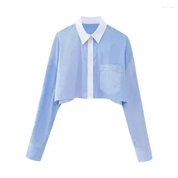 Women's Blouses YENKYE 2024 Women Vintage Patchwork Blue Striped Crop Shirt Long Sleeve Pocket Female Casual Loose Blouse
