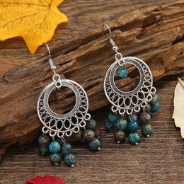 Dangle Earrings Boho Blue Nature Beads Pendant Round Hollow Alloy Tassel For Women Silver Colour Statement Ethnic Jewellery