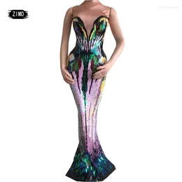 Stage Wear Colourful Sleeveless Long Drag Dress Women Sexy Birthday Party Dance Costume Stretch Prom Bar Show Female Singer