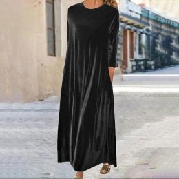 Dress Women'S Velvet Dress Shift Long Maxi Dress Green Black Purple Long Sleeve Pure Colour Pocket Winter Fall Spring Crew Neck Mature