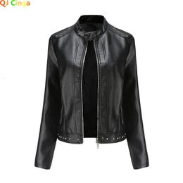 2024 Spring Autumn Faux Soft PU Leather Jackets for Women Coats Black Red Fashion Rivets Slim Design Long Sleeve Casual Outwear 240228