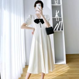 Dresses Pregnant Women Summer Dress Temperament Vneck Puff Sleeve Bow Large Size Over the Knee Long Dress Pregnancy Chiffon Skirt Chic