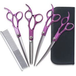 Scissors 7 Inch Colour Paint Split Cut Pet Beauty Dog Scissors Set 5 PCS Straight Teeth Scissors Thining Curved Scissors Pet Beauty Tools