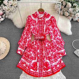 Basic Casual Dresses Basic Casual Women Dresses Christmas Runway Stand Collar Long Lantern Sleeve Blue And White Porcelain Short Party Vestidos 240302