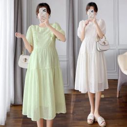 Dresses Fresh Cute Elegant Maternity Dress 2023 Summer New Clothes For Pregnant Women Solid Oneck Fungus Puff Sleeve Pregnancy Dresses