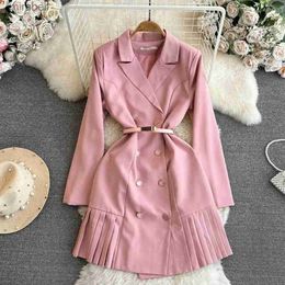 Dresses Dresses Fashion Designer Double Breasted Blazer Dress Women Notched Long Sleeve Chic Pink Short Vestidos Robes 240302