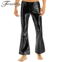 Pants Men Shiny Metallic Disco Pants Bell Bottom Flared Long Pants Nightclub Stage Costume Trousers Men's Mid Waist Wide Leg Pants