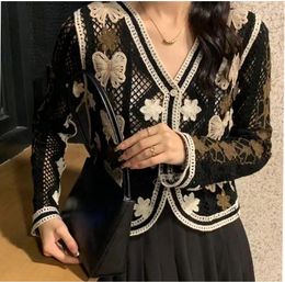 Women's Blouses 2024 Spring Summer Women Cardigan Shirt Retro Flower Knitted Tops Stitching V-neck Hollow Out Crochet Blouse