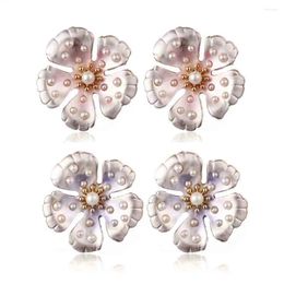 Stud Earrings Bohemia Retro Alloy Flower Earring For Women Pink Bule Pearl Summer Fashion Jewellery Pendientes 2024