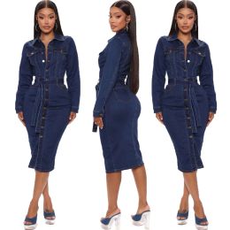 Dress Autumn Winter Jeans Maxi Dress Sexy Women Turn Down Collar Bodycon Blue Denim Midi Dress Vestidos