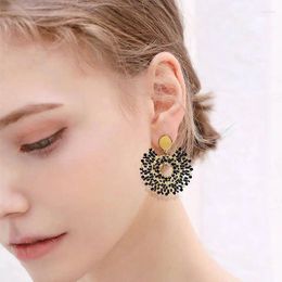 Dangle Earrings Rice Bead Sunflower Retro Tide Simple Hand Knitting Alloy Bohemia Black Geometry Hollow Out Beaded