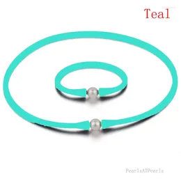 Necklace Earrings Set 16 Inches 10-11mm Natural Oval Pearl Teal Rubber Silicone & 7 Bracelet Jewelry