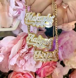 3D Custom Nameplate Necklace 18K Gold Plated Double Layer Two-Tone Personalised Name Necklaces With Heart Figaro Chain For Women 240228