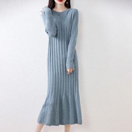 Casual Dresses Women's Long Sleeved Autumn And Winter Warm Solid Round Neck Thickened Merino Wool Dress Loose Knit Pullover Jumper
