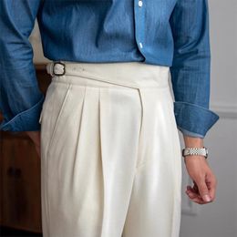 Casual Solid Colour Suit Trousers Men Spring Trendy Belt High Waist Pants Male Business Office Fashion Pleated Straight 240229