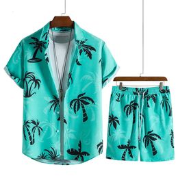 Mens Coconut Tree Beach Shirt Sets Summer Hawaii Style Short Sleeve Shorts Casual Holiday Men 2 Piece Suit Outfit Set 240227