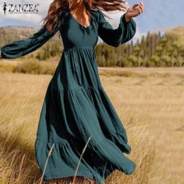 Dress ZANZEA 2023 Stylish Ruffle Maxi Dress Casual Puff Sleeve Tunic Vestidos Female Solid Robe Women's Autumn Sundress