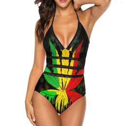 Women's Swimwear Leaf Rasta Colours Dripping Paint Black Mesh Swimsuit One Piece Backless Sexy Beach Wear Summer Bathing Suits Fantasy