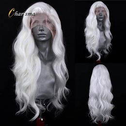 Charisma White Hair Long Body Wave Lace Front Wig Pre Plucked Synthetic Frontal Wigs for Women Pink Blue Red Daily Use 240229