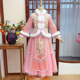 Fairy Girls Hanfu Children Warm Tang Suit Kids Winter Thick Embroidery Party Dress 2024 Pink Chinese Years Clothing 240220