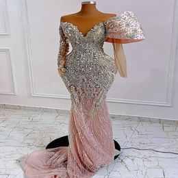 2024 ASO EBI Pearl Pink Mermaid Prom Dress Crystals Beaded Sexig Evening Formal Party Second Reception 50th Birthday Engagement Gowns Dresses Robe de Soiree ZJ93