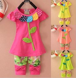 New Fashion 2014 Frozen Girls Clothing Sets Beautiful Clover Floral children Clothing Set Short Sleeves baby Kids sets Clothes8707190