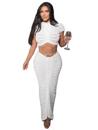 Work Dresses Szkzk Pleated Knitting See Through Women's Set Shirt Crop Top And Long Skirt Bodycon Suit Sexy Night Club Party Two Piece Sets