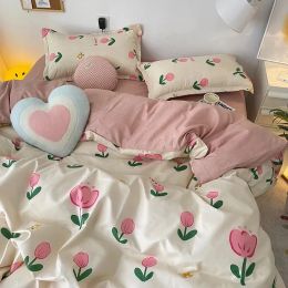 sets Ins Pink Tulip Bedding Set Floral Duvet Cover Flat Sheet with Pillowcases No Filling Single Queen Size Boys Girls Bed Linen