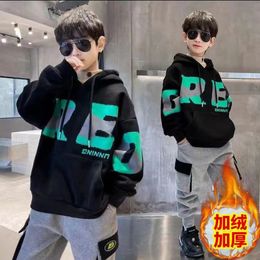 Teen Boys Hooded Sweatshirts Plush Thickened Warm Lettet Printing Loose Causal Autumn Childrens Clothing 5-12 Years Old 240301