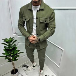 Autumn and Winter Outerwear Casual Simple Twopiece Mens Fit Solid Colour Jacket Long Sleeve Beamed Trousers 240220