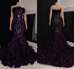 Profundo roxo em cascata rendas flores penas vestido de baile sexy sereia sem alças sem costas preto vestidos de noite formal bc18277