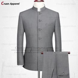 Suits New Classic Chinese Tunic Suit Wedding Men Suit Set Slim fit Groomsman Groom Tuxedo Luxury Dinner Stand Collar Blazer Pants 2Pcs