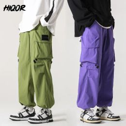 Pants HIQOR Fashion Harem Pants Streetwear Green Big Pocket Overalls Men Spring Harajuku Style Purple Loose Casual Pants Man Trousers