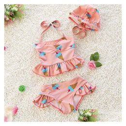 Two-Pieces Kids Clothing Girls Swimwear Three Pieces Child Swimsuit Fashion And Lovely Ruffle For Children Bikini Baby Costumes Bath Dhkjv