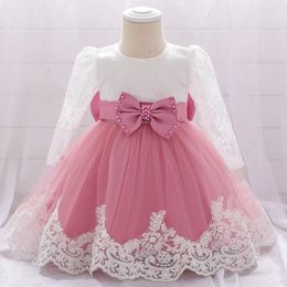 Baby Girls Dress Born Girl Long Sleeve Lace Party Wedding Dresses With Big Bow Infant 1st Birthday Princess 240301