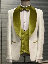 Men's Suits Bridalaffair Men White Suit With Fleece Shawl Lapel 3pcs Jacket Vest Pants Set Wedding Tuxedo Formal Man Blazer Jacquard