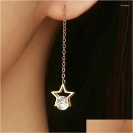 Stud Earrings Korean Elegant Long Hollow Out Star Crystal Tassel Sweet Temperament Girl Womens Stainless Steel Jewellery Drop Delivery Otr1P