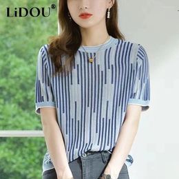 Women's T Shirts 2024 Summer Street Style Round Neck Striped Knitting T-shirt Loose All-match Casual Fashion Pullover Top Ladies Tee