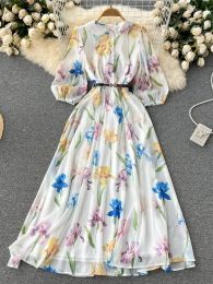 Dress Holiday Peter Pan Collar Puff Sleeves Silk Chiffon Dress Women Floral Print Single Breasted High Waist Sashes Beach Maxi Vestido