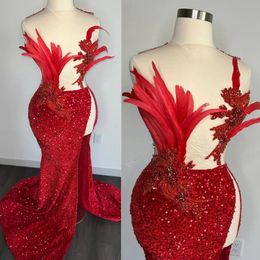 African Nigeria Plus Size Prom Dresses for Black Women Feathered Illusion Mermaid Appliqued Beaded Lace Sexy Side Split Evening Formal Dresses Birthday Gowns AM444