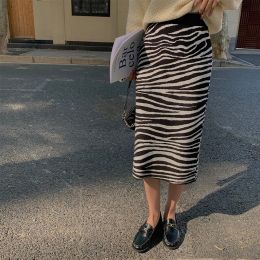 Skirt TingYiLi Zebra Stripes Black White Knit Pencil Skirts Womens Autumn Winter Warm Midi Skirt Korean Sexy High Waist Split Skirt