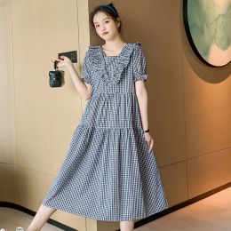 Dresses 2022 summer pregnant women dress sweet ruffles patchwork short sleeve maternity plaid dress long loose woman clothes wholesale