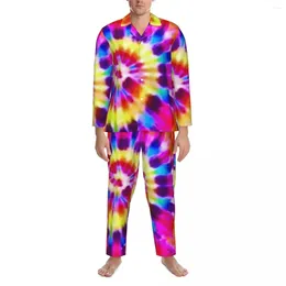 Men's Sleepwear Rainbow Tie Dye Pyjama Sets Autumn Supernova Comfortable Daily Men Two Piece Retro Oversize Nightwear