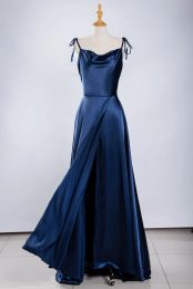 Dresses Women's Adjustable Spaghetti Straps Slit Satin Prom Dress Long Navy Blue Cowl Neck Formal Evening Ball Gowns with Pockets