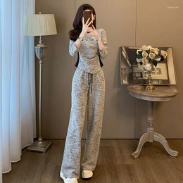 Women's Two Piece Pants Women Casual Sportswear Slim Round Neck Long-sleeved T-shirt Sweatshirt Loose Wide-legged 2pcs Tracksuit Trouser