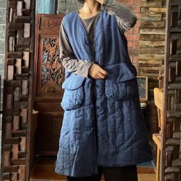 Carriers Johnature Linen Blue Gray Women Long Vest Coats Vintage Chinese Style Spring 2023 New Loose Retro Pockets Vneck Vest