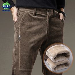 Pants Winter Fleece Warm Corduroy Pants Men Stretch Thick Elastic Waist Fluff Pant Korean Classic Brown Trousers Male Brand Clothing