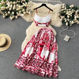 2024 Beach Boho vacanze vacanze donne set di abiti da due pezzi set di punti di moda senza spalline stampare camicia in chiffon corta e set di gonna lunga sirena in alto.