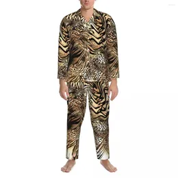 Men's Sleepwear Tiger Print Pyjama Set Leopard Animal Skin Comfortable Male Long Sleeves Casual Night 2 Pieces Home Suit Large Size